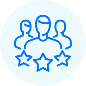 Three figures with stars, symbolizing excellence.