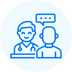 Doctor consulting patient with speech bubble.