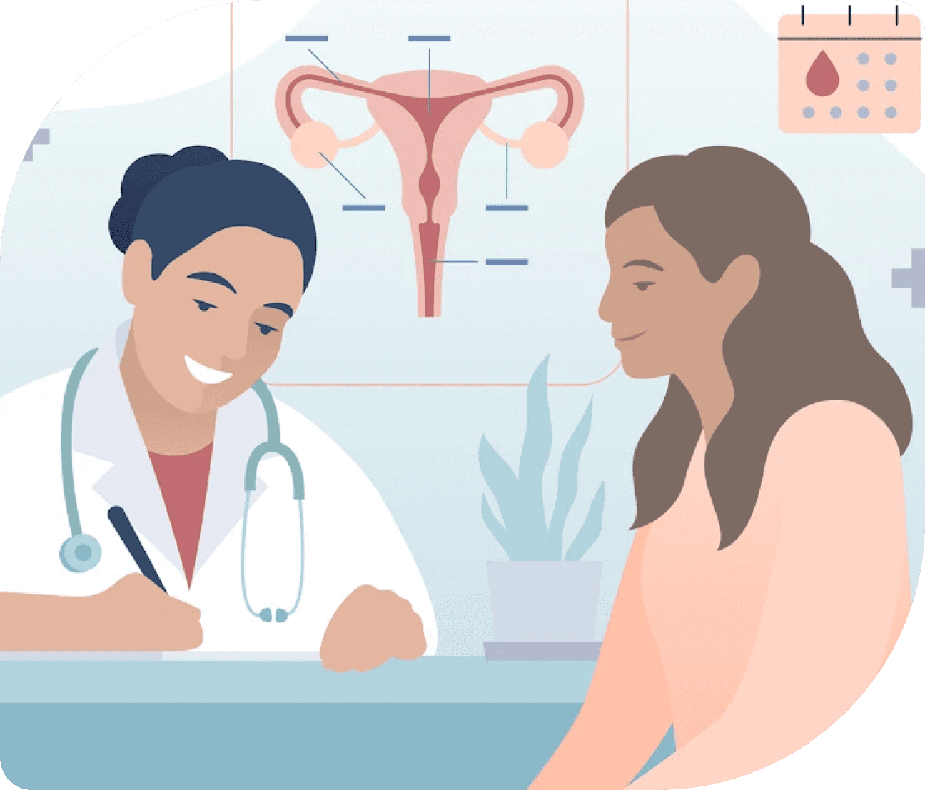 Doctor consulting patient in medical office illustration.