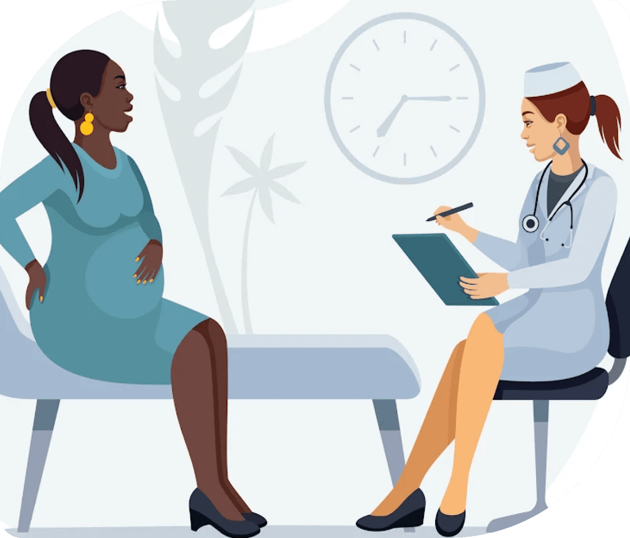 Pregnant woman consulting with female doctor.